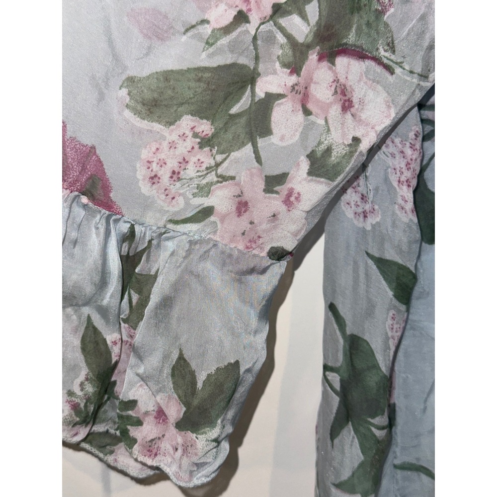 Lola Made in Italy Blue Floral Silk Ruffle Tunic Top 3/4 Sleeve Lined L/XL - Picture 4 of 9